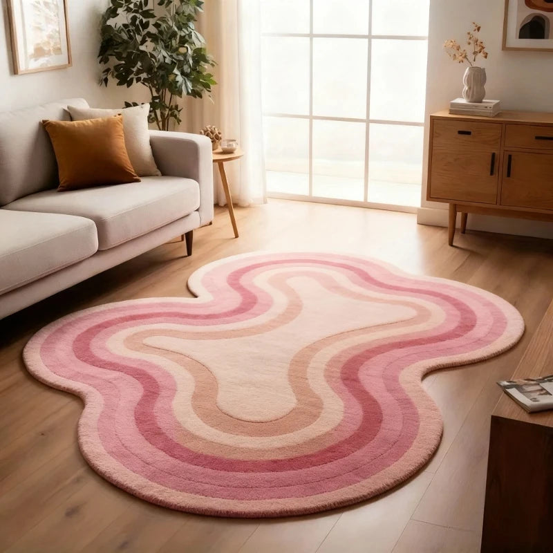 Pink Wavy Area Rug | Modern Abstract Dopamine Decor Rug | Soft Bedroom & Living Room Carpet