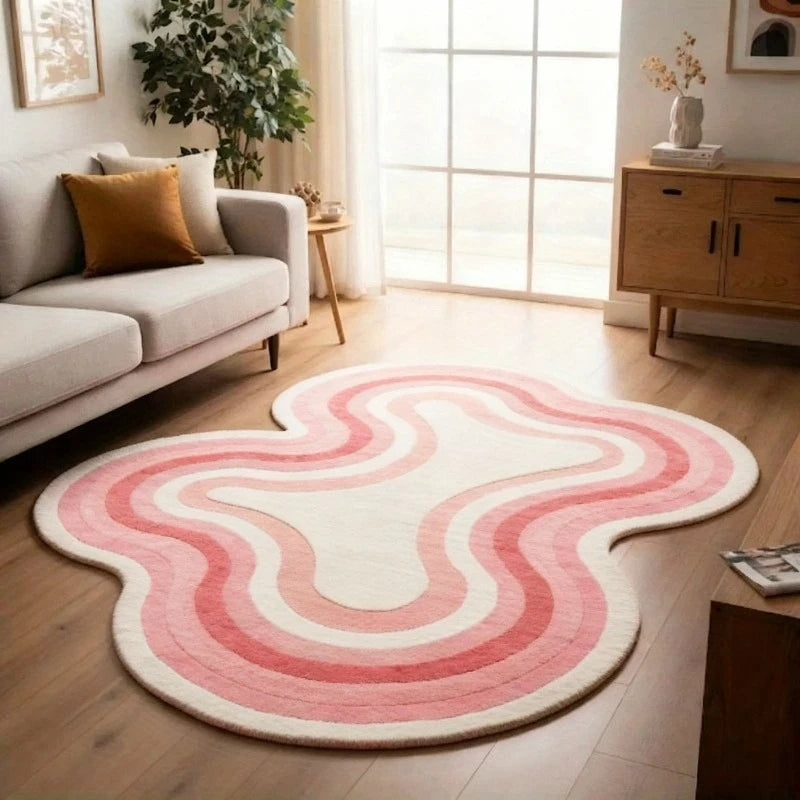 Pink Wavy Area Rug | Modern Abstract Dopamine Decor Rug | Soft Bedroom & Living Room Carpet