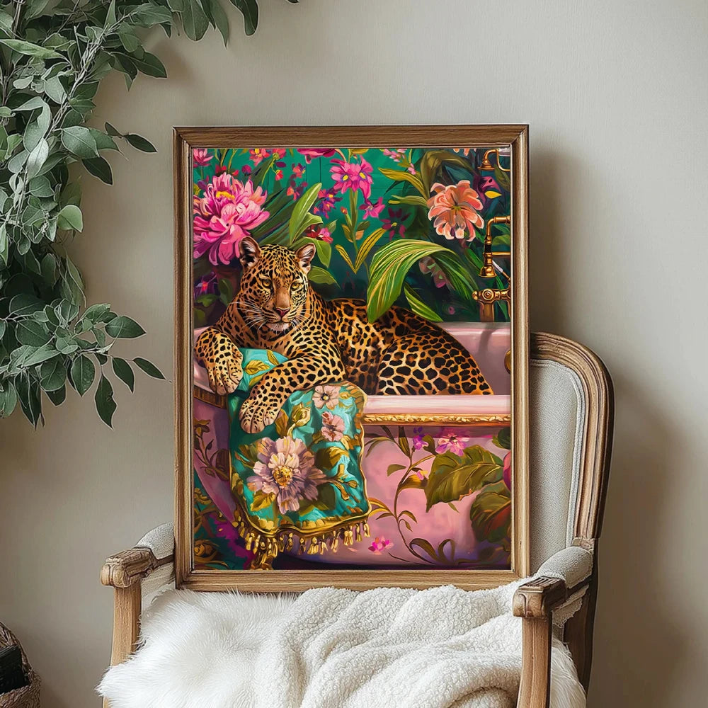 Colorful Cheetah & Lion Canvas Wall Art | Maximalist Animal Print | Tropical Gallery Wall Decor | Modern Living Room Artwork
