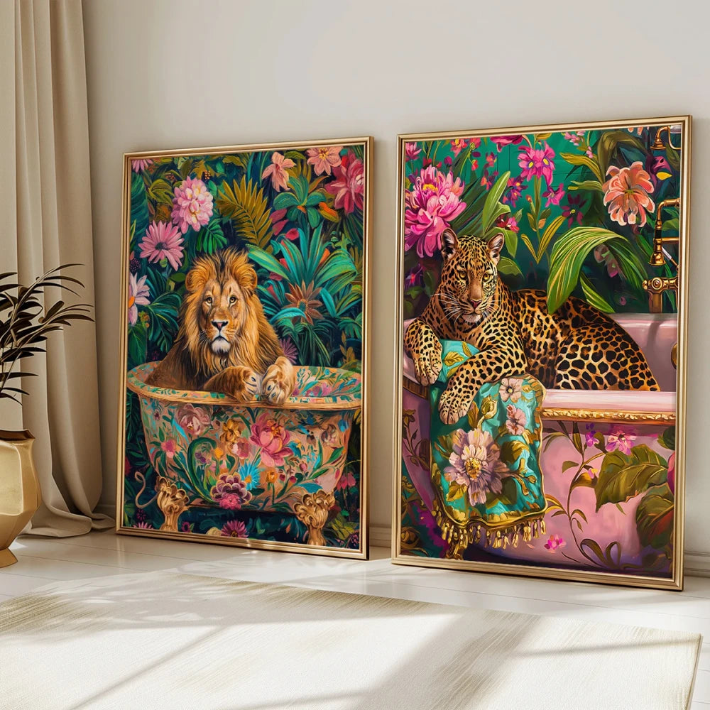 Colorful Cheetah & Lion Canvas Wall Art | Maximalist Animal Print | Tropical Gallery Wall Decor | Modern Living Room Artwork