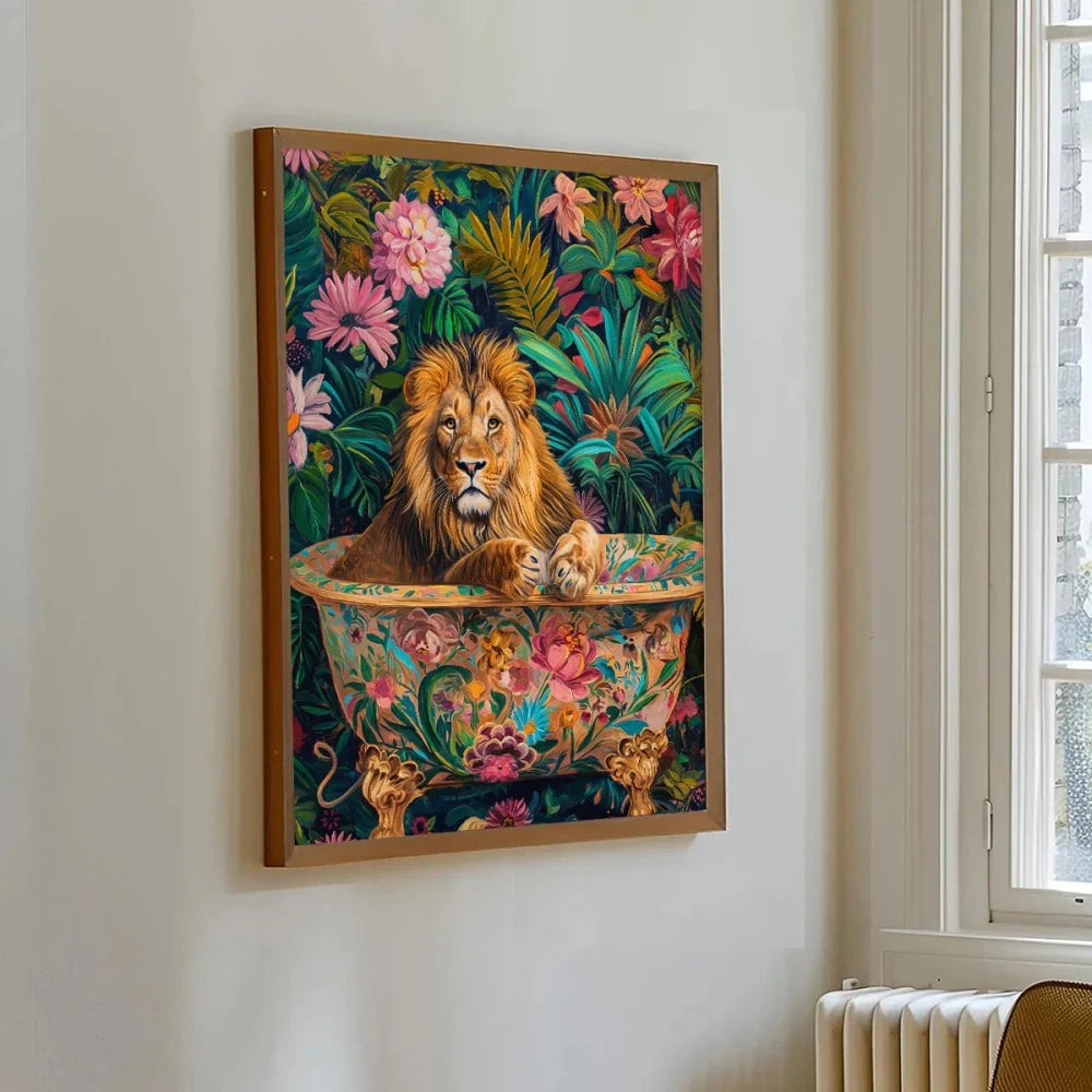 Colorful Cheetah & Lion Canvas Wall Art | Maximalist Animal Print | Tropical Gallery Wall Decor | Modern Living Room Artwork