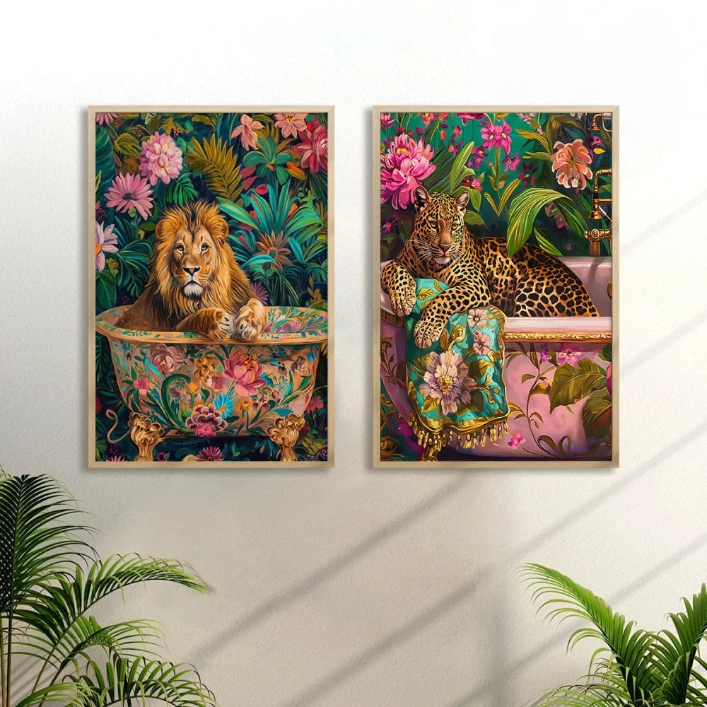 Colorful Cheetah & Lion Canvas Wall Art | Maximalist Animal Print | Tropical Gallery Wall Decor | Modern Living Room Artwork
