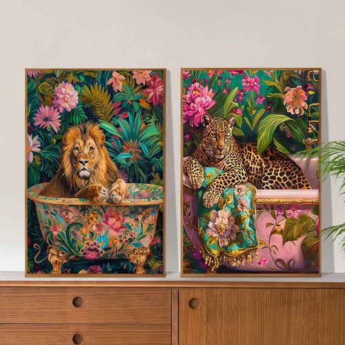 Colorful Cheetah & Lion Canvas Wall Art | Maximalist Animal Print | Tropical Gallery Wall Decor | Modern Living Room Artwork