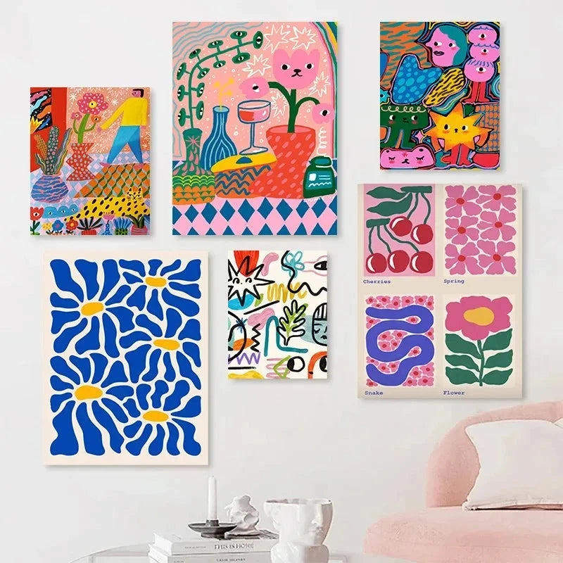 Colorful Abstract Wall Art Set | Dopamine Decor Canvas Prints | Maximalist Gallery Wall | Eclectic Colorful Home Decor