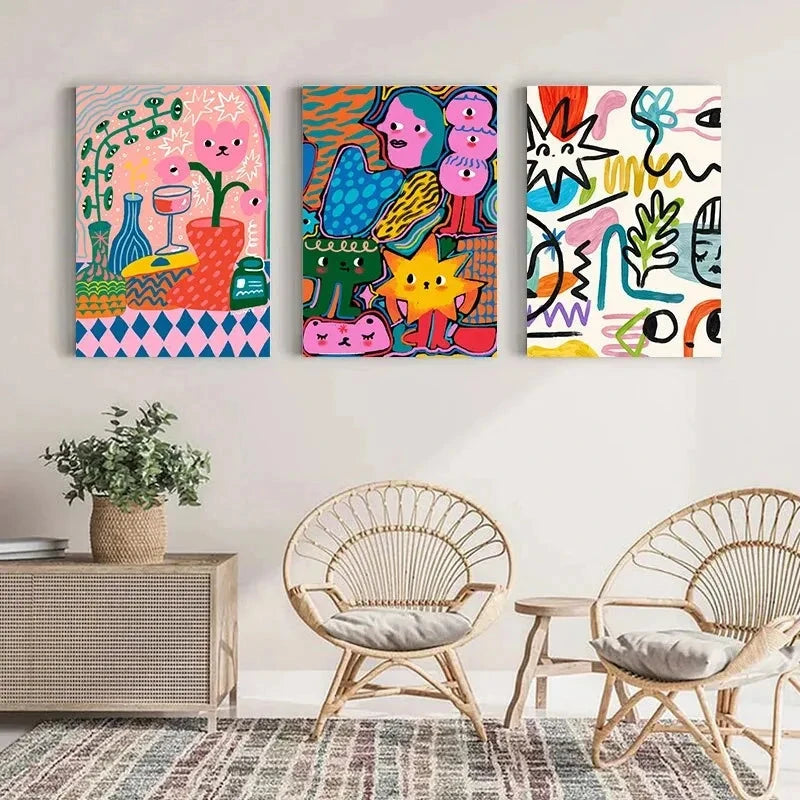 Colorful Abstract Wall Art Set | Dopamine Decor Canvas Prints | Maximalist Gallery Wall | Eclectic Colorful Home Decor