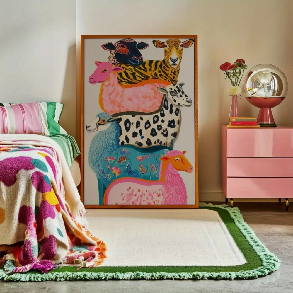 Colorful Farm Animal Wall Art | Maximalist Animal Canvas Print | Whimsical Dopamine Decor | Eclectic Nursery & Living Room Art