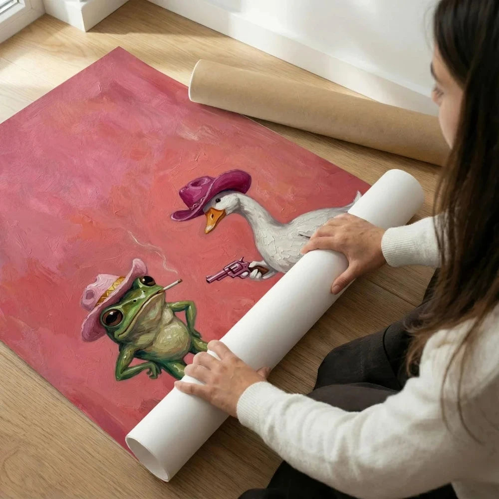 Pink Cowboy Frog Wall Art | Cute Western Animal Canvas Print | Whimsical Cowgirl Room Decor | Funny Pink Home Decor