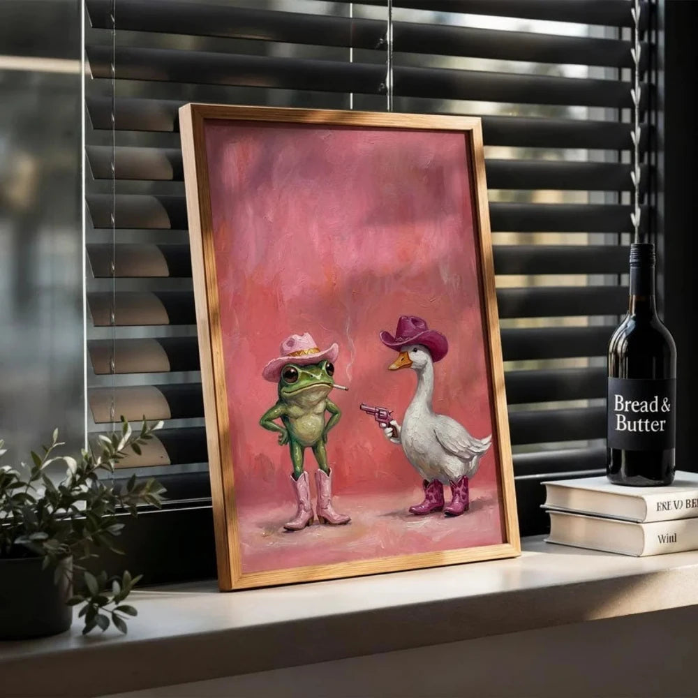 Pink Cowboy Frog Wall Art | Cute Western Animal Canvas Print | Whimsical Cowgirl Room Decor | Funny Pink Home Decor
