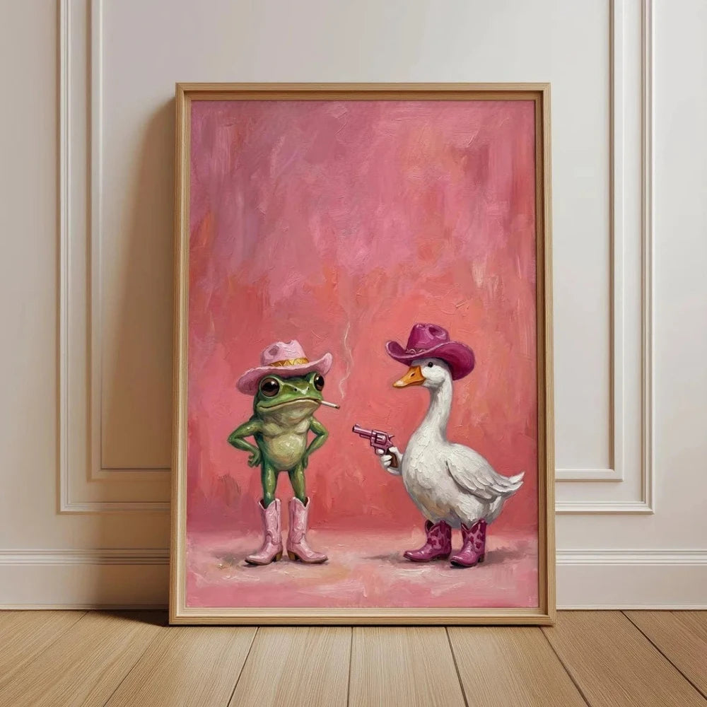 Pink Cowboy Frog Wall Art | Cute Western Animal Canvas Print | Whimsical Cowgirl Room Decor | Funny Pink Home Decor