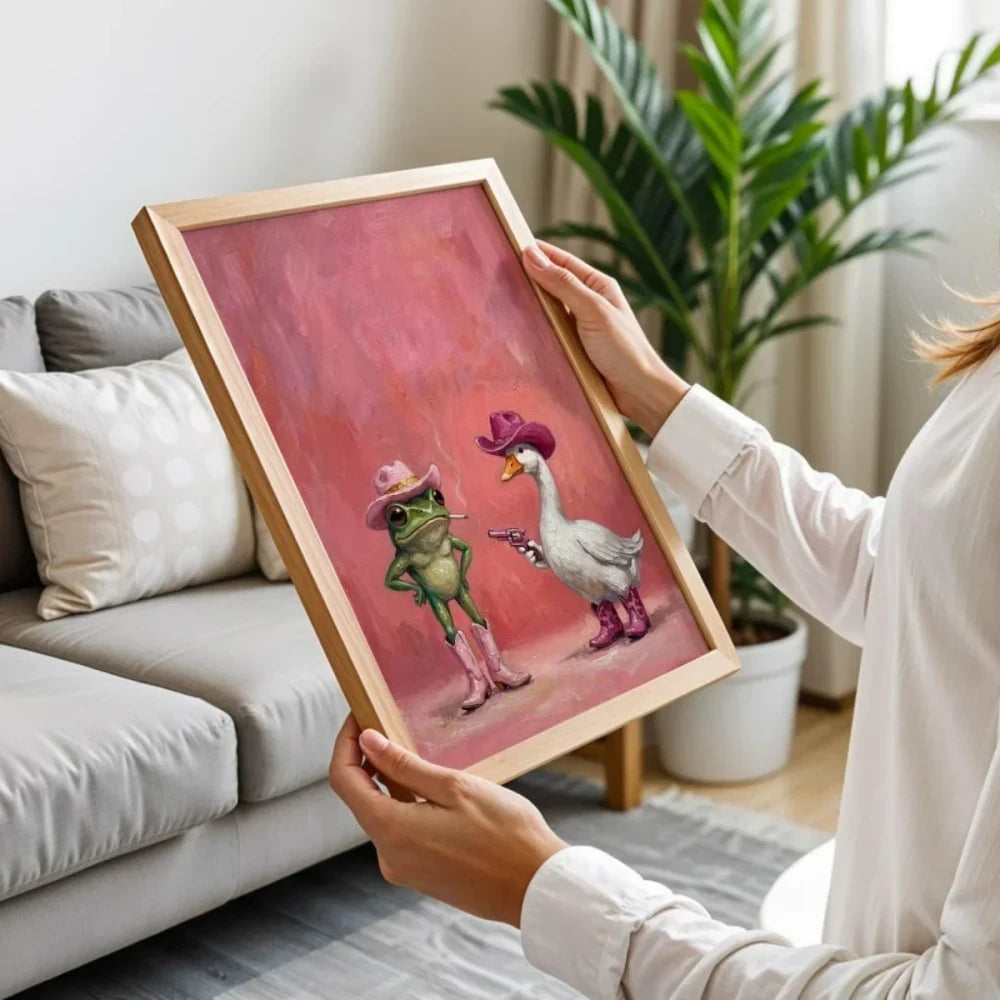 Pink Cowboy Frog Wall Art | Cute Western Animal Canvas Print | Whimsical Cowgirl Room Decor | Funny Pink Home Decor