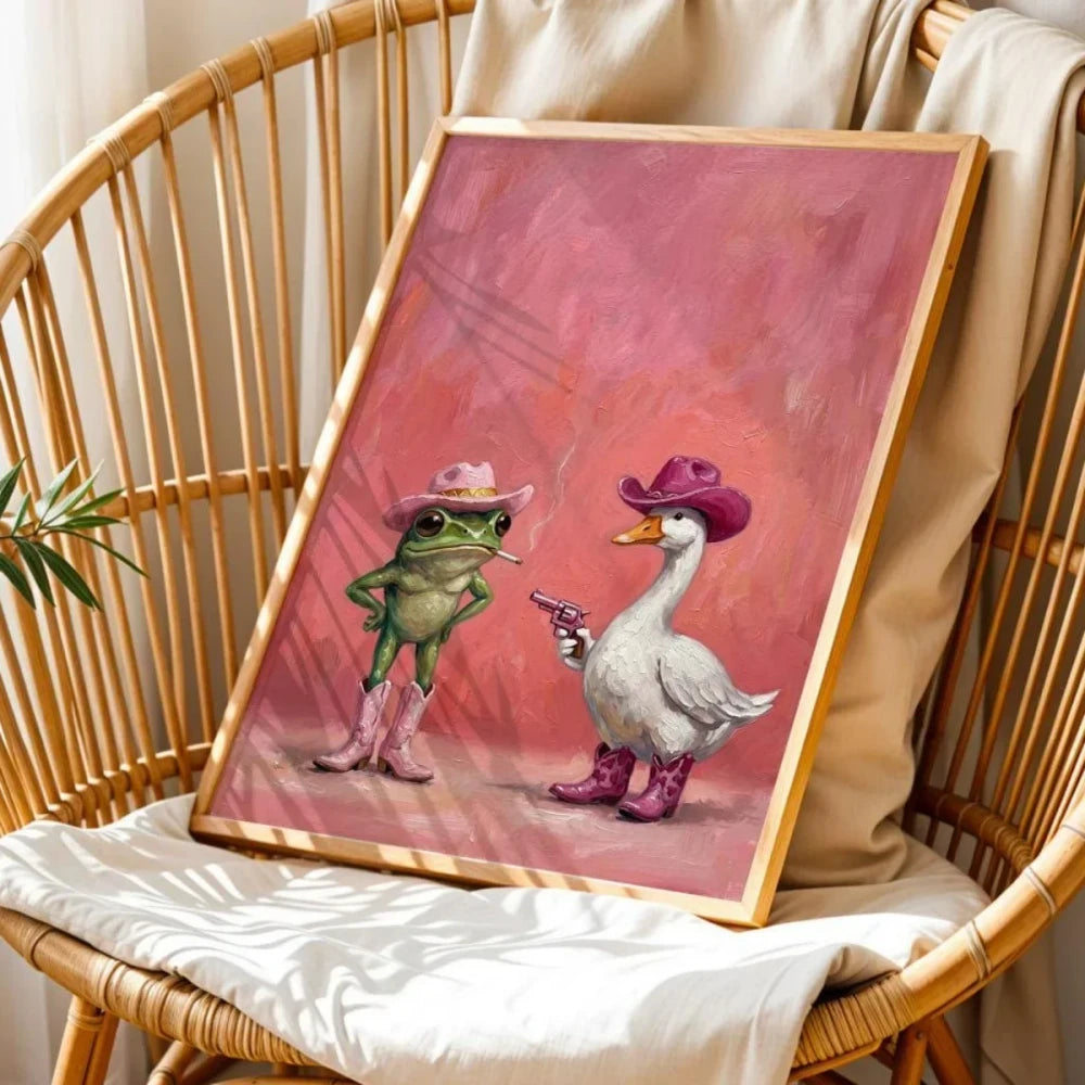Pink Cowboy Frog Wall Art | Cute Western Animal Canvas Print | Whimsical Cowgirl Room Decor | Funny Pink Home Decor