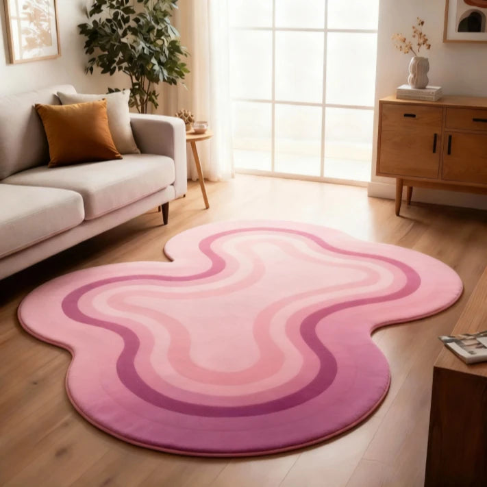 Pink Wavy Area Rug | Modern Abstract Dopamine Decor Rug | Soft Bedroom & Living Room Carpet